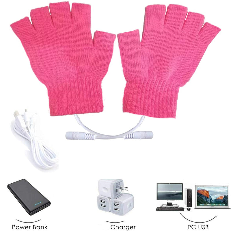 Kbinter USB 2.0 Powered Heating Pattern Knitting Cute Heated Gloves Fingerless Hands Warmer Mittens Laptop Computer 5.0V Warm Gloves for Women Men Girls Boys (Rose)