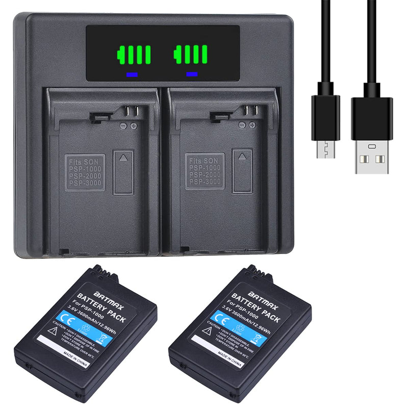 Batmax 2Pcs 3600mAh PSP 1000 Battery + LED Dual USB Charger Replacement with Type C Port for Sony PSP-1000 PSP-110 (1001, 1002, 1003, 1004, 1005, 1006, 1007, 1008, 1010), PSP Fat Console