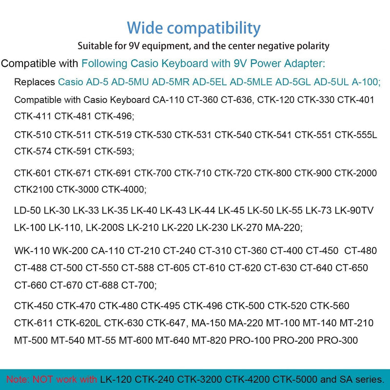 9V AC DC Adapter Power Cord for Casio Keyboard Piano AD-5 WK-110 WK-200 CTK-2100 CTK-496 LK-220 LD-50 HT-700 CA-100 CTK-710 CTK-720 Replacement Original Chargers AD-5MU / AD-5MR Supply Cable