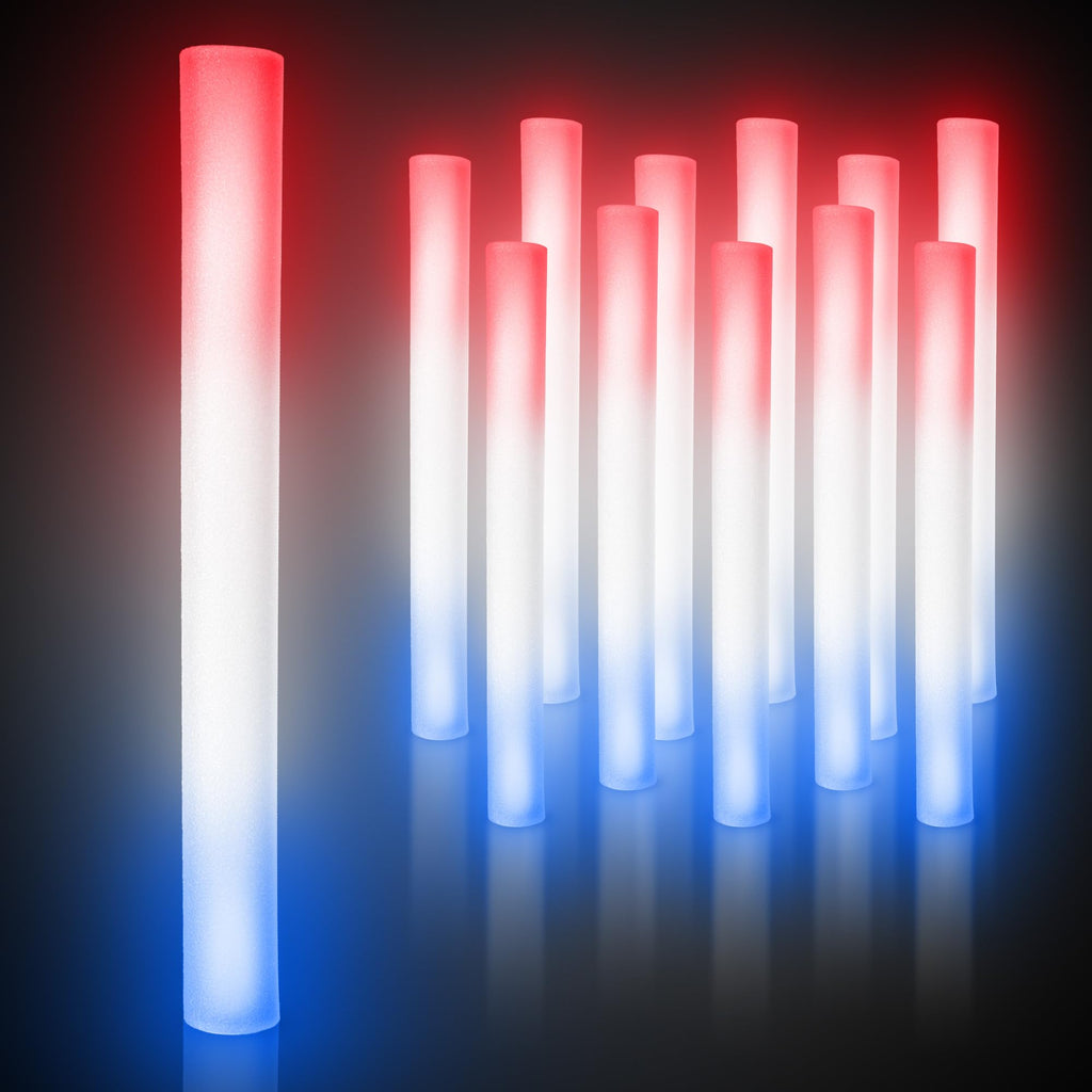 Fun Central LED Foam Sticks - 12 Pack, 16-Inch, 3 Light-Up Modes For Mardi Gras & St Patricks Day (Red/White/Blue) Red/White/Blue