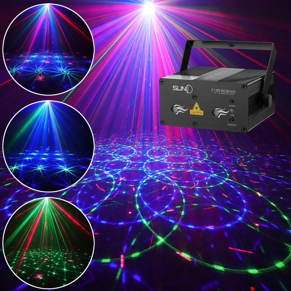 SUNY Party Lights DJ Stage Lighting 12 Gobos Green Blue Music Light Red Stars Mixed Effect Stage Lighting Party Music Show Projector Remote Control Sound Activated Dance Home Decor Xmas Holiday Show