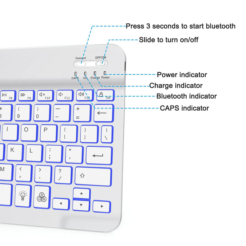 OMOTON Bluetooth Keyboard, Wireless Rechargeable Keyboard for iPad, iPad Pro, iPad Mini, iPad Air with Illuminated LED (White) White