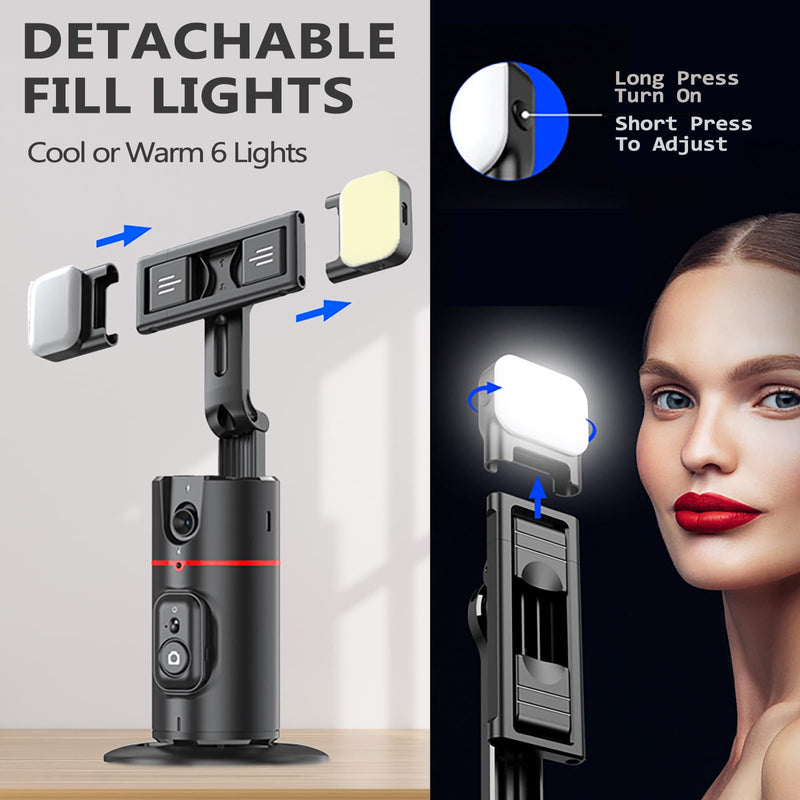 Auto Face Tracking Tripod - 360° Rotation Auto Tracking Phone Holder, No App, Phone Camera Mount with Remote and Gesture Control, Rechargeable Smart Shooting Holder for Video Recording (2 Lights) 1