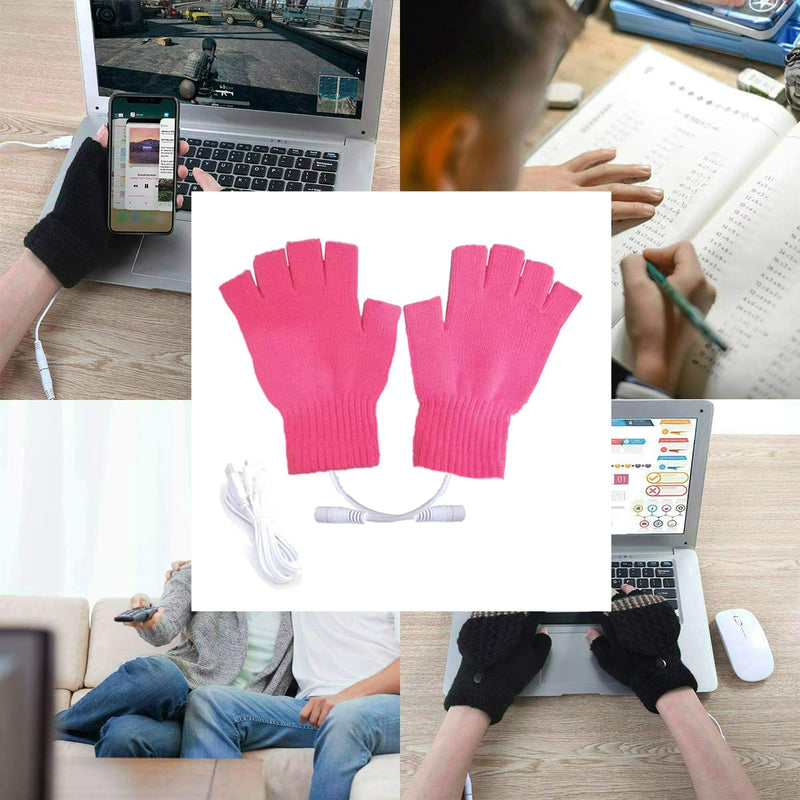 Kbinter USB 2.0 Powered Heating Pattern Knitting Cute Heated Gloves Fingerless Hands Warmer Mittens Laptop Computer 5.0V Warm Gloves for Women Men Girls Boys (Rose)