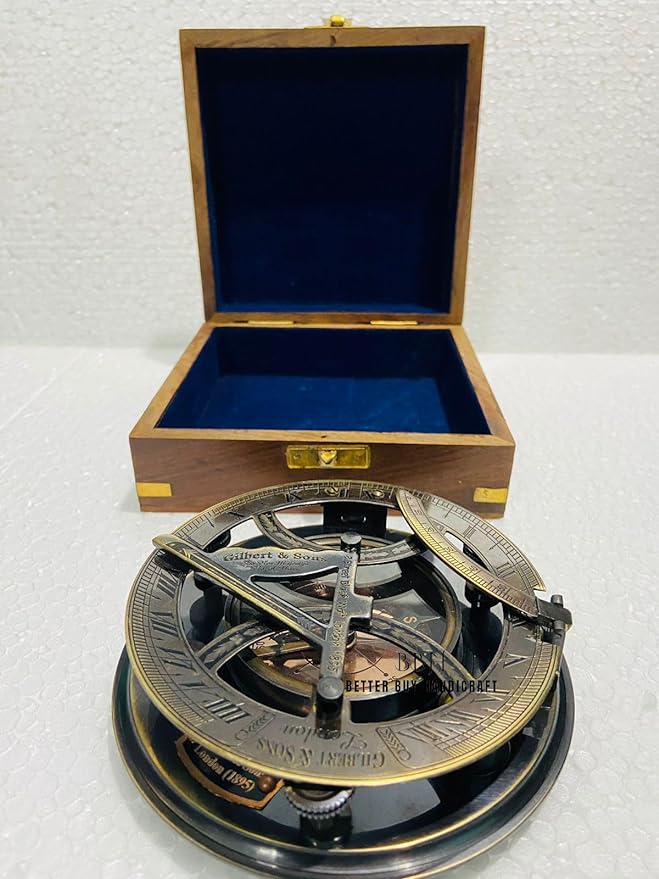 ShalinIndia Brass Sundial and Compass - Leather Storage Box