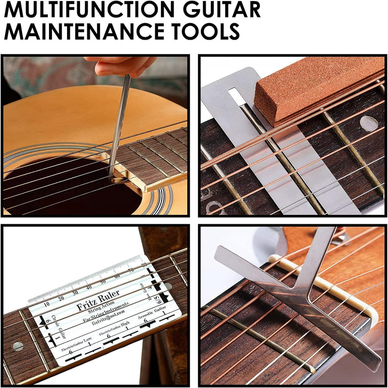 Guitar Repair Tool Kit - Luthier Accessories Setup Maintenance Tools Set for Acoustic Electric & Bass - Guitar Needle File/String Action Ruler Gauge/Grinding stone