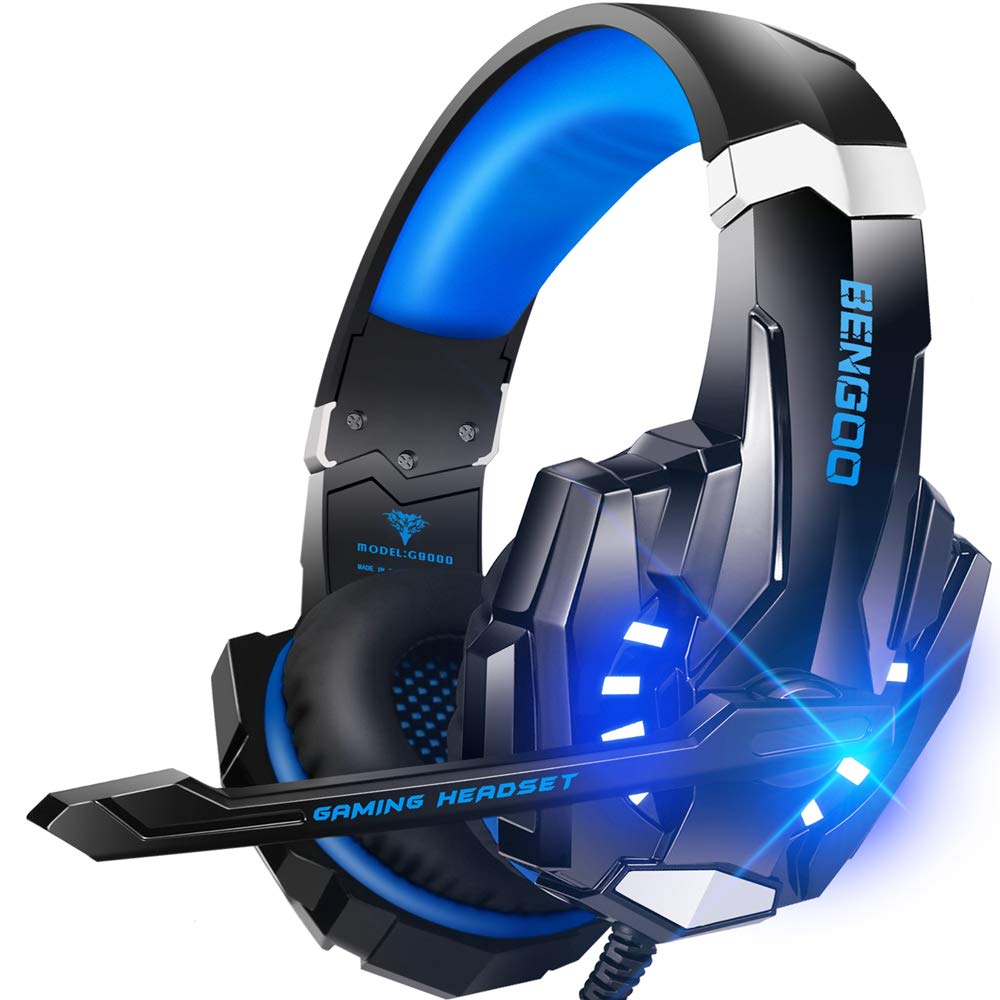 BENGOO G9000 Stereo Gaming Headset for PS4 PC Xbox One PS5 Controller, Noise Cancelling Over Ear Headphones with Mic, LED Light, Bass Surround, Soft Memory Earmuffs (Blue) Blue