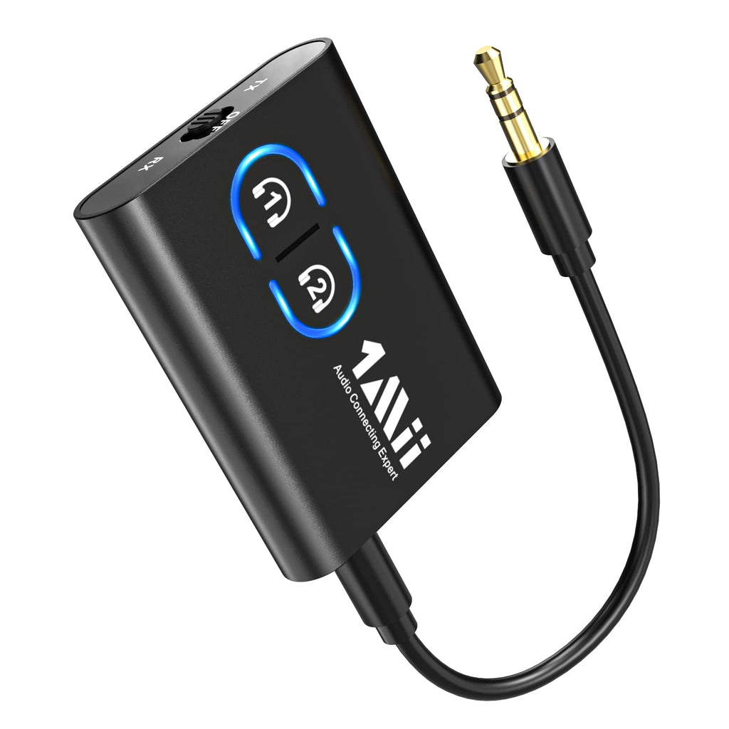 1Mii Bluetooth 5.3 Transmitter Receiver for TV to Wireless Headphones, Dual Link AptX Adaptive/Low Latency/HD Audio, Aux Adapter for Home Stereo, Airplane, Boat, Gym Black