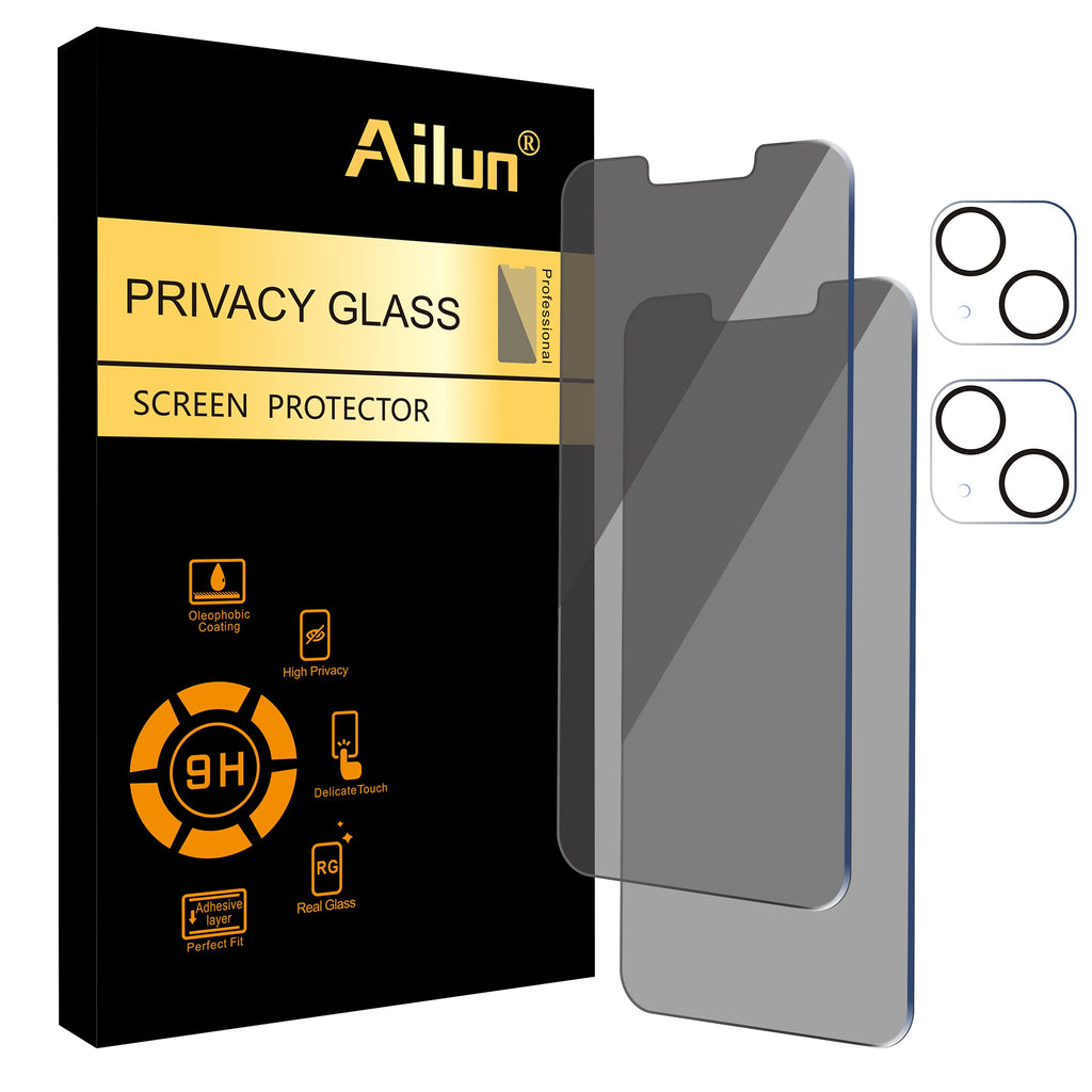 Ailun 2Pack Privacy Screen Protector for iPhone 13 [6.1 inch] + 2 Pack Camera Lens Protector, Anti Spy Private Tempered Glass Film,[9H Hardness] - HD [Black][4 Pack] iPhone 13-6.1 Inch