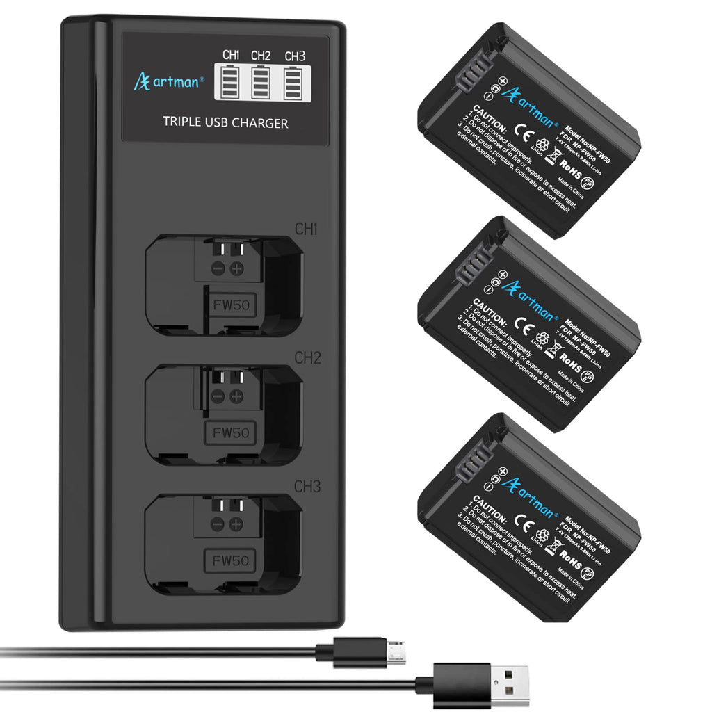 Artman 3-Pack NP-FW50 Battery and Upgraded 3-Slot LCD Charger Compatible with Sony ZV-E10, Alpha A6000 A6300 A6400 A6500 A5000 A5100 A7 A7II A7R A7RII A7S A7SII RX10 II III Camera black