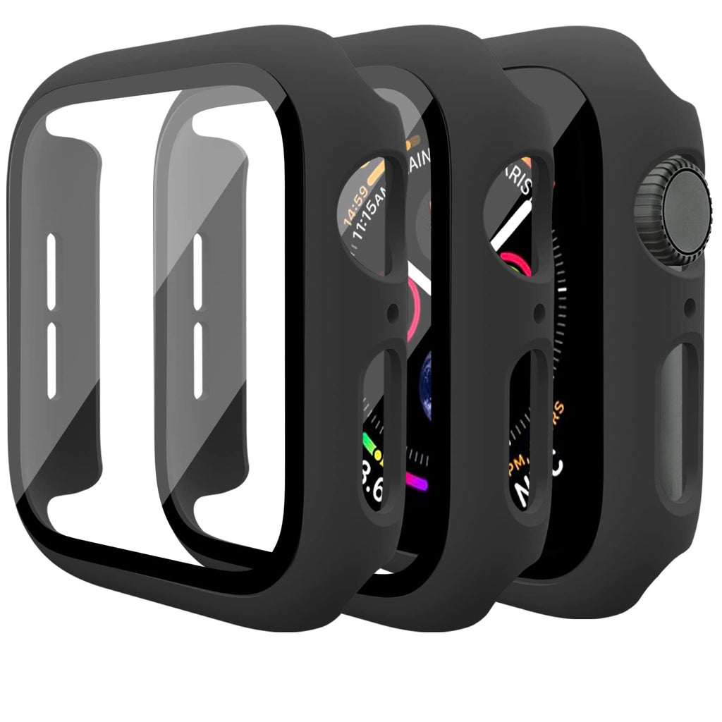 3 Pack Case for Apple Watch SE 44mm Series 6 Series 5 Series 4 Hard PC Case with Tempered Glass Screen Protector Waterproof Anti-Scratch Ultra-Thin Protective Cover for iWatch 44mm (Black) Black