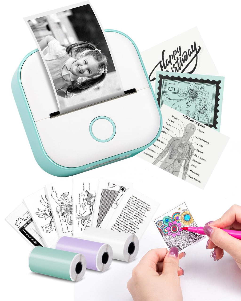 Mini Printer - T02 Label Maker with 3 Rolls Paper, Sticker Printer Machine, Inkless Portable Study Printer for Anatomical Diagram, Pictures, Journals, Receipts, Compatible with Phone & Tablet, Green 1 Printer + 3 Rolls Paper