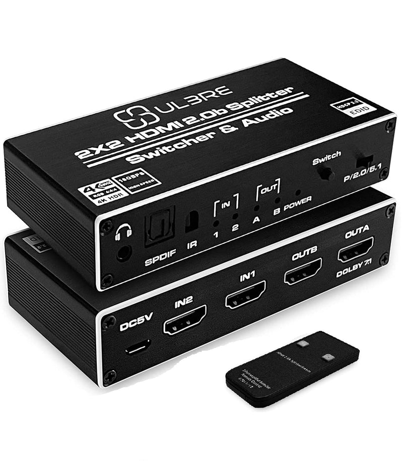 ULBRE HDMI Splitter 2 in 2 Out, HDMI Switcher 2X2 Switch Box withSPDIF 3.5mm Audio and IR Remote Control, Support HDR HDMI 2.0b, Ultra HD 2K @60Hz 3D 1080P ARC