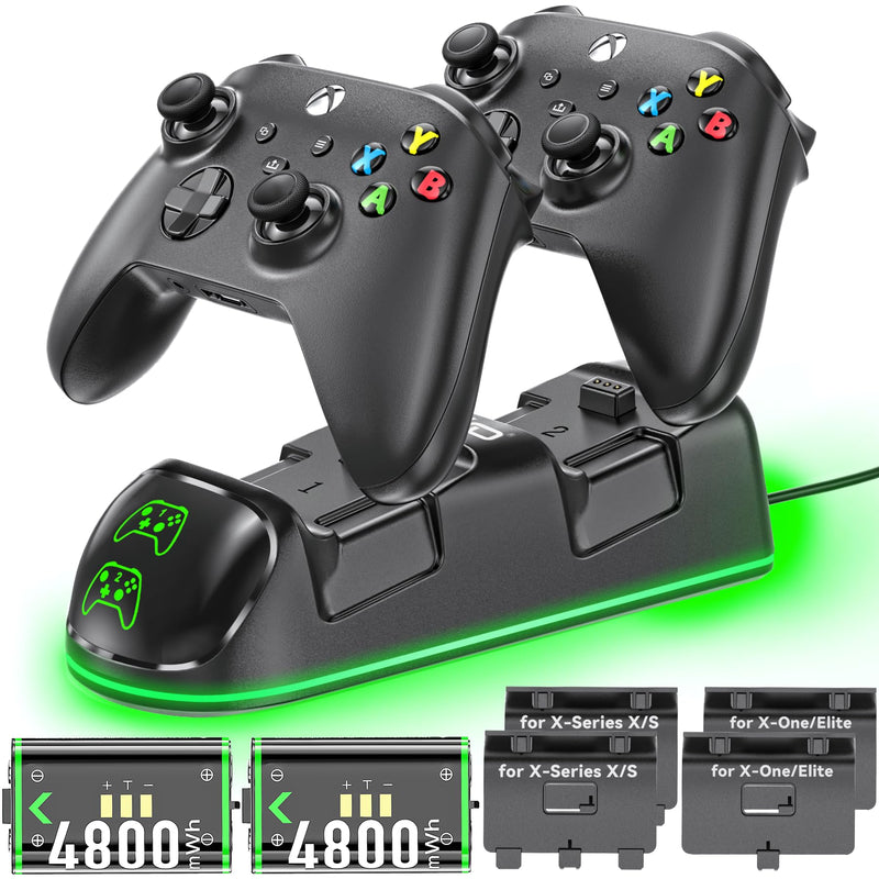 Controller Charger Station for Xbox Series/One-X/S/Elite with 2 x 4800 mWh Rechargeable Battery Packs, Charging Station Dock Stand for Xbox Series X & S Faceplates Controller Battery with 4 Covers Black