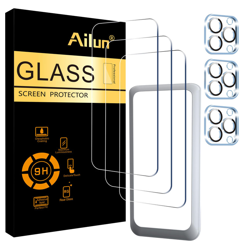 Ailun 3 Pack Screen Protector for iPhone 15 Pro Max [6.7 inch] + 3 Pack Camera Lens Protector with Installation Frame,Sensor Protection,Dynamic Island Compatible,Case Friendly Tempered Glass Film iPhone 15 Pro Max-6.7 Inch