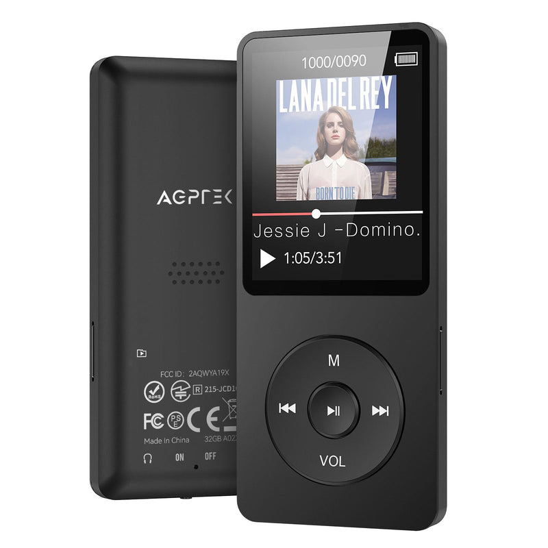 AGPTEK A02X 32GB MP3 Player with Bluetooth 5.3, 1.8 inch Screen Portable Music Player with Speaker, FM Radio, Voice Recorder, Supports Expanded Up to 128GB Black