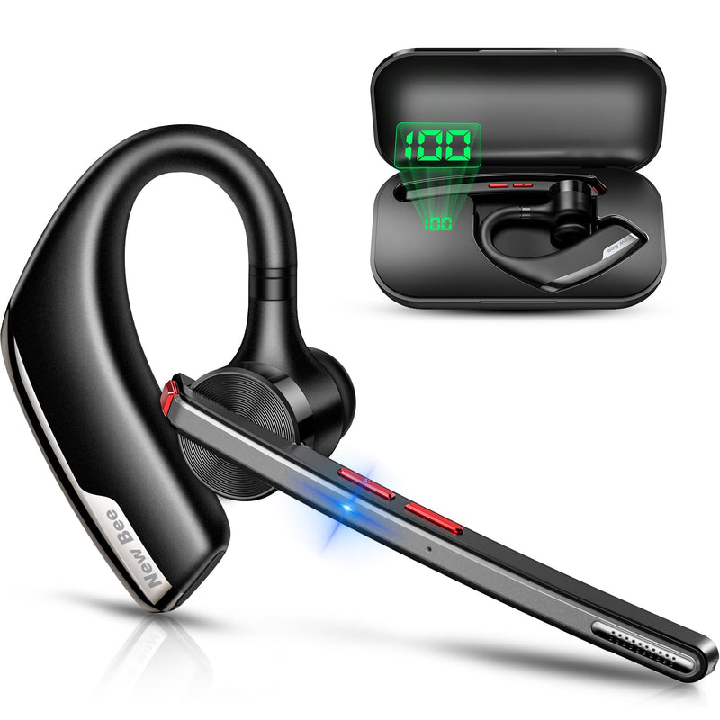 New bee Bluetooth Headset, Wireless Bluetooth Earpiece for Cellphone with 500mah Charging Case 80h Playtime V5.2 Dual Mic Noise Cancelling Hands-Free Earphones for Office Driver Black