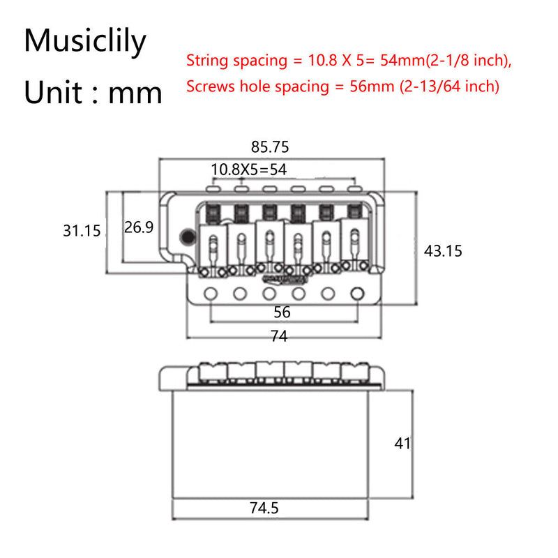 Wilkinson 54mm (2-1/8 inch) Full Block ST Guitar Tremolo Bridge Pop-In Arm 6 Screws for Squier/Mexico Fender/MIJ Strat, Chrome