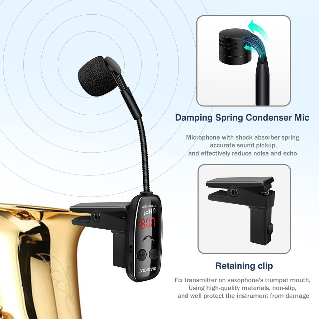 Wireless Saxophone Microphone UHF for Musical Instruments Speaker Voice Amplifier with Receiver Clip Professional Orchestra Trumpet Saxo HiFi Megaphone Condenser Portable Handheld Mini Mic