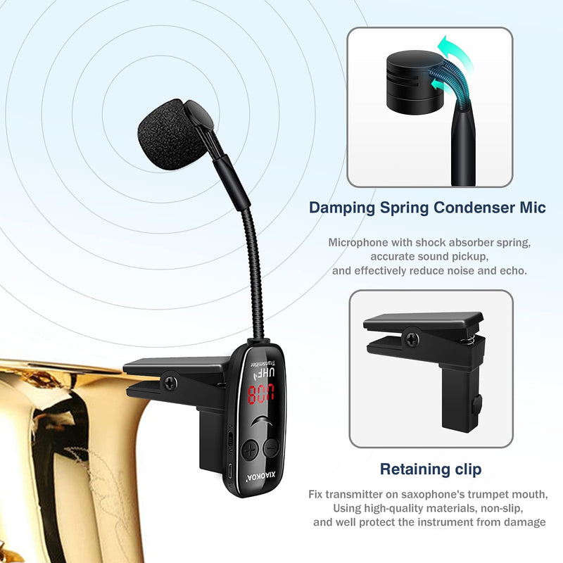 Wireless Saxophone Microphone UHF for Musical Instruments Speaker Voice Amplifier with Receiver Clip Professional Orchestra Trumpet Saxo HiFi Megaphone Condenser Portable Handheld Mini Mic