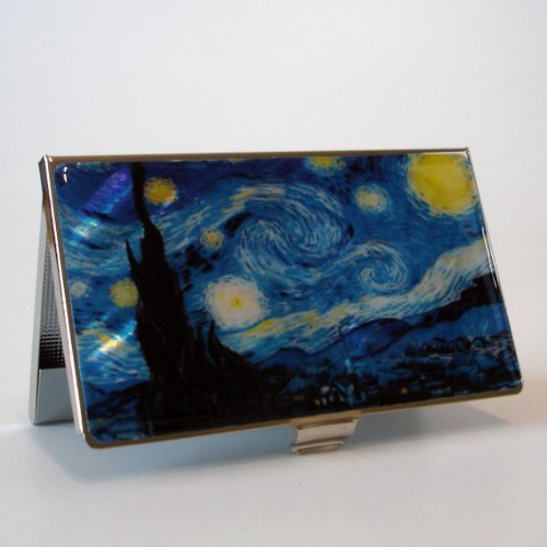 Mother of Pearl Starry Night by Van Gogh Art Painting Design Business Credit Name Card Holder Case Metal Stainless Steel Engraved Slim Purse Pocket Cash Money Wallet