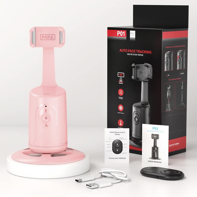 Auto Face Tracking Tripod - 360° Rotation Auto Tracking Phone Holder, No App, Phone Camera Mount with Remote and Gesture Control, Rechargeable Smart Shooting Holder for Video Recording, Tiktok Pink