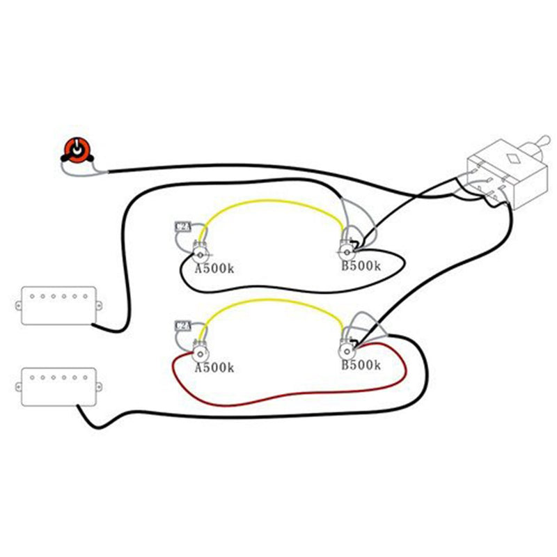 LP Electric Guitar Wiring Harness Kit Replacement, 2T2V 3 Way Toggle Switch 500K Pots&Jack for Dual Humbucker Gibson Les Pual Style Guitar, Black Tip Black Cap