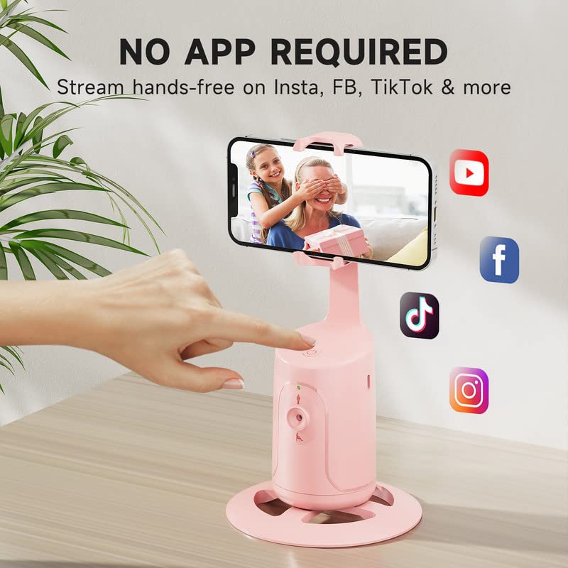 Auto Face Tracking Tripod - 360° Rotation Auto Tracking Phone Holder, No App, Phone Camera Mount with Remote and Gesture Control, Rechargeable Smart Shooting Holder for Video Recording, Tiktok Pink