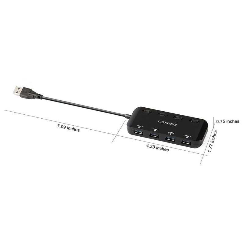 LYFNLOVE Ultra Slim USB 3 Hub, 4-Ports USB 3.0 Splitter High-Speed USB Data Hub with Individual On/Off Power Switches for Laptop, Computer, PC, Thumb Driver and More