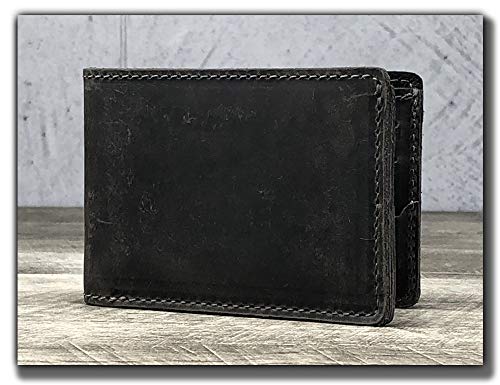 Minimalist Bi-fold Leather Wallet - with Guitar Pick Holder Full Grain Leather by Anthology Gear (Aged Steel) Aged Steel