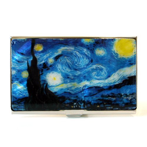 Mother of Pearl Starry Night by Van Gogh Art Painting Design Business Credit Name Card Holder Case Metal Stainless Steel Engraved Slim Purse Pocket Cash Money Wallet