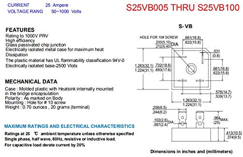 (Pack of 5pcs) ASEMI S25VB60 Through Hole Single Phase 25A600V Bridge Rectifier Diode 4 Pins for Adapter…