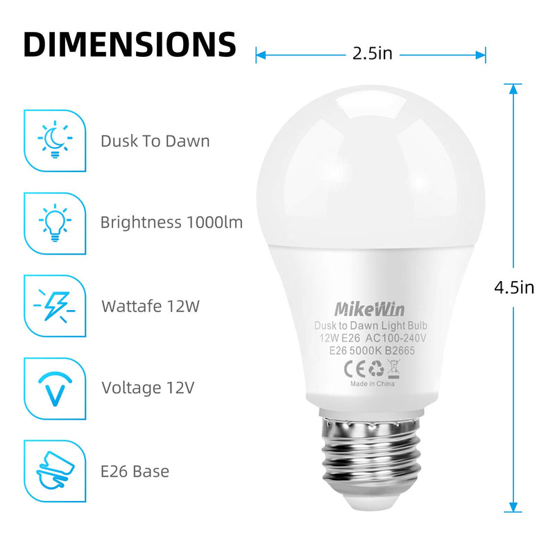 MikeWin Outdoor Dusk to Dawn Light Bulbs 2 Pack, 12W(100W Equivalent), E26 5000K, Built-in Photocell Detector, Auto On/Off, Smart Sensor LED Lighting Bulb for Porch Hallway Garage Boundary Cool White 5000K 2p