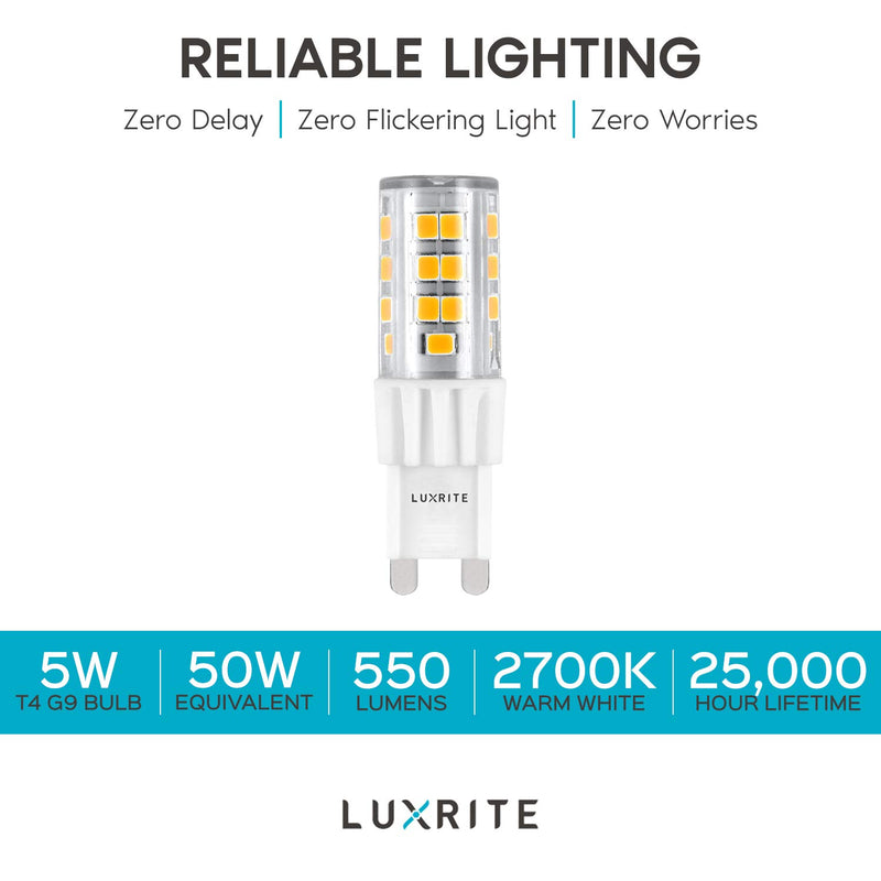 Luxrite G9 LED Bulb, 50W Equivalent, 550 Lumens, 2700K Warm White, Dimmable, 5W T4 Bulb, G9 Base - Chandelier Lighting, Sconce, Under Cabinet, Ceiling Fan, and Accent Lighting (10 Pack) 2700K (Warm White)