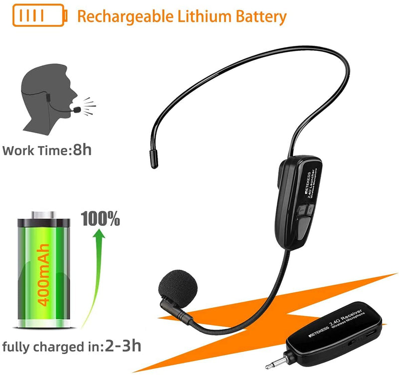 Retekess TT123 Wireless Headset Microphone System,Amplifier Microphone and Headset,2 in1,Rechargeable, 2.4G, Wireless Mic Headset, for Voice Amplifier, Teaching, Fitness Tutoring