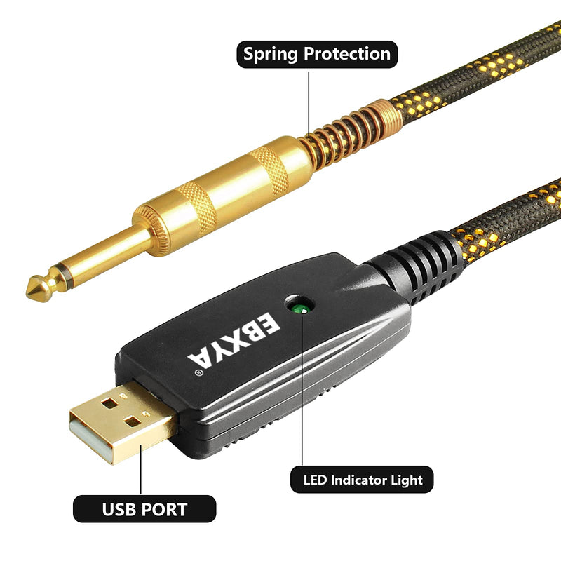 USB Guitar Cable EBXYA USB to 6.35mm Guitar Interface USB to TS 1/4 guitar Jack Cable for Guitar Bass to Computer Music Recording (10ft/3M) USB Guitar Cable 3m