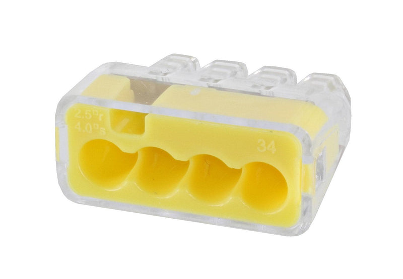 (100 Pack) Ideal in-Sure 4-Port, 34 Yellow Non-Twist 4 Conductor Connector for Solid, Stranded, and Tin Bonded Wire