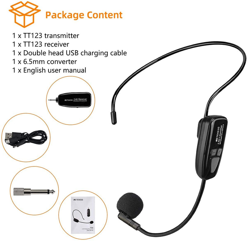 Retekess TT123 Wireless Headset Microphone System,Amplifier Microphone and Headset,2 in1,Rechargeable, 2.4G, Wireless Mic Headset, for Voice Amplifier, Teaching, Fitness Tutoring