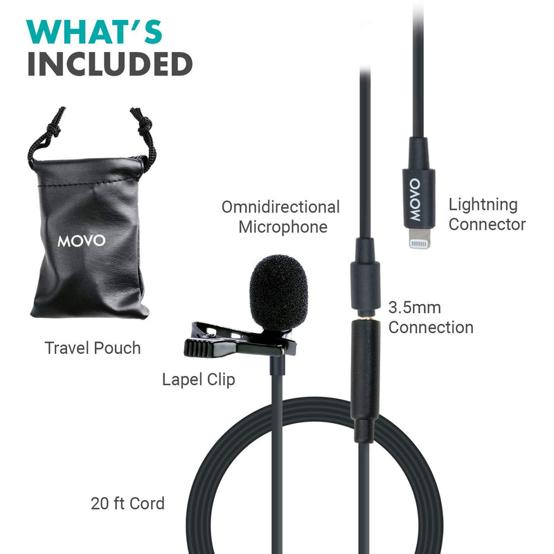 Movo iLav-L Digital Lavalier Omnidirectional Clip on Microphone with MFi Certified Lightning Connector Compatible with iPhone, iPad, iPod, iOS Smartphones and Tablets (20-Foot Cord)