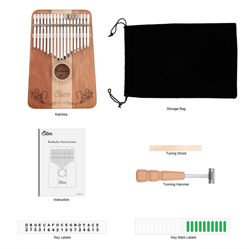 Kalimba,Eison Kalimba with Key Locking System Thumb Piano Finger Piano 17 keys with Instruction and Tune Hammer, Solid Wood Mahogany & Maple Body- Best Gift for Music Fans Kids Adults Kalimba E17
