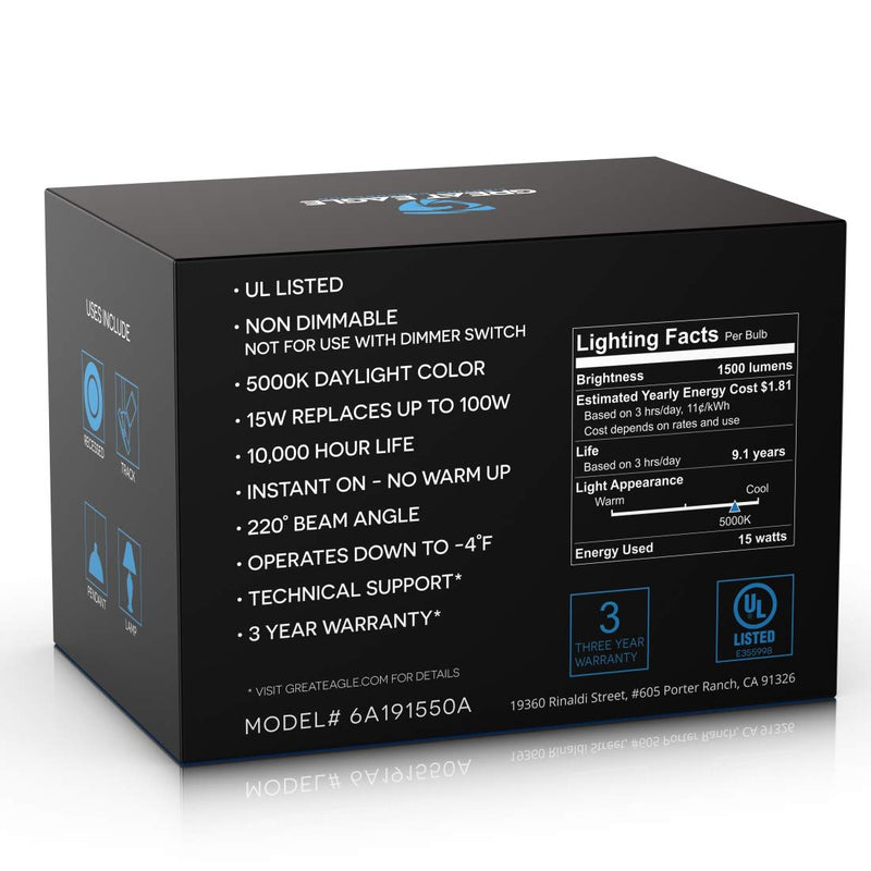 Great Eagle 100W Equivalent LED Light Bulb 1500 Lumens A19 5000K Daylight Non-Dimmable 15-Watt UL Listed (6-Pack)