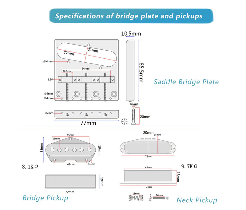 Saddle Bridge Plate Loaded Alnico V Pickups, 3-way Switch Control Plate with Tone Volume Knobs, Assembled Orange Drop Capacitor/Potentiometer for Fender Telecaster TL Electric Guitars, Chrome