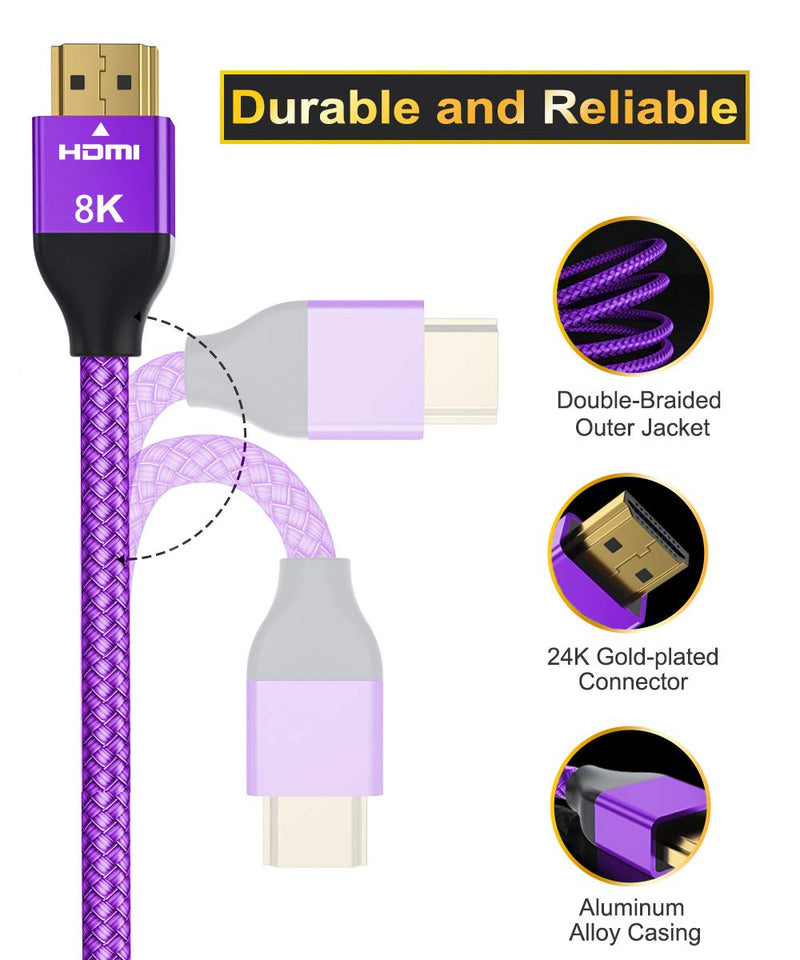 8K 60Hz HDMI Cable 10FT 2-Pack,Certified 48Gbps 7680P Ultra High Speed HDMI Cord for Apple TV,Roku,Samsung QLED,2.0 2.1,Sony Playstation,PS5,PS4,Xbox One Series X,eARC HDR HDCP 2.2 2.3,4K 120Hz 144Hz Purple