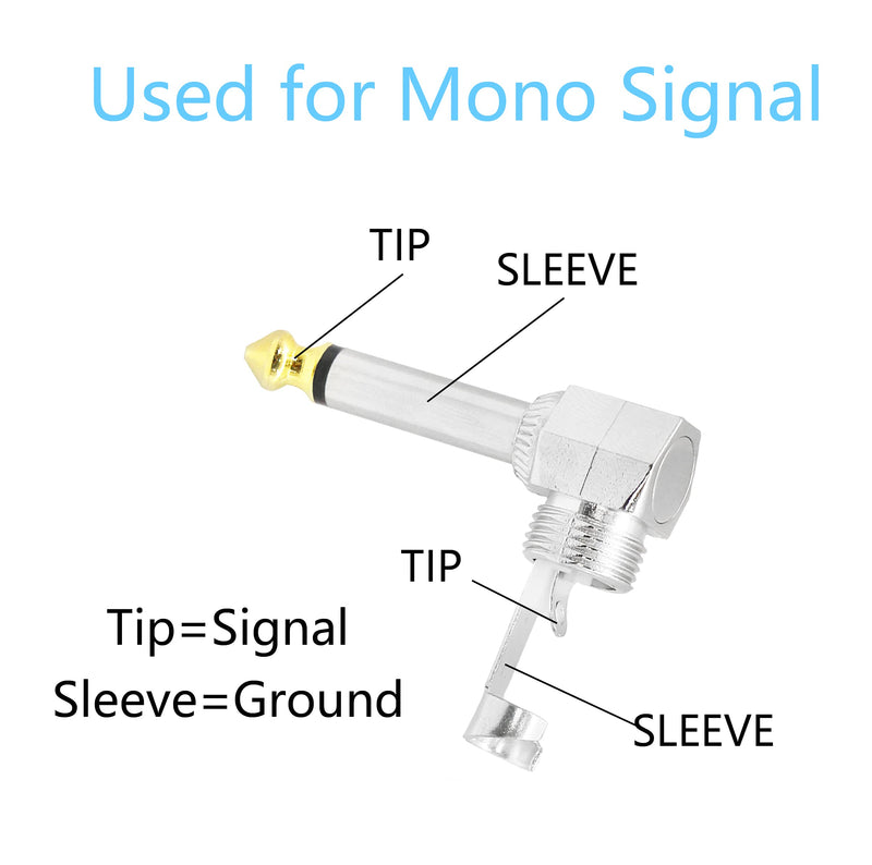 YACSEJAO Audio 1/4" 90 Degree Right Angle Plug, 6.35mm Heavy Duty TS Mono Male Solder Jack Connector for Speaker/Guitar/Microphone Cables - 2Pack (Need welding)