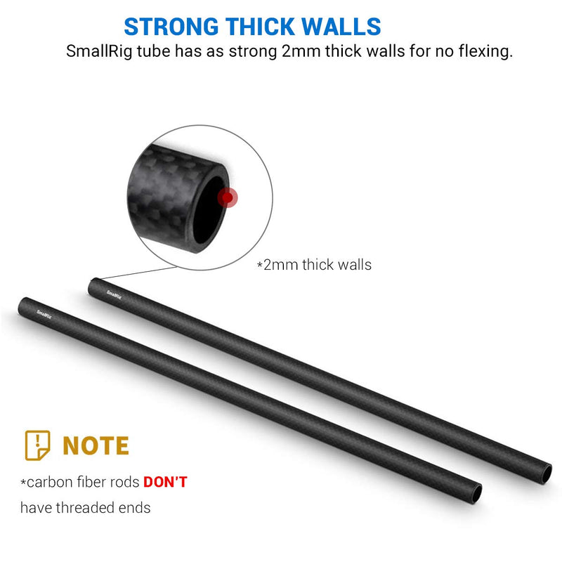 SMALLRIG 15mm Carbon Fiber Rod for 15mm Rod Support System (Non-Thread), 12 inches Long, Pack of 2 - 851 Carbon Fiber Rod - 12"