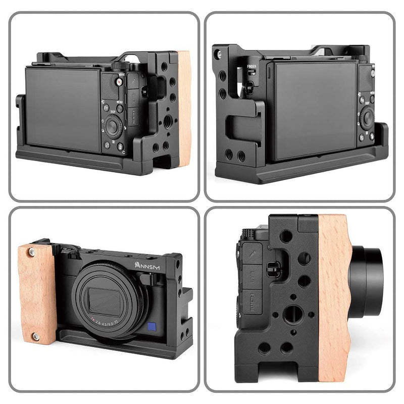 ANNSM Camera Cage Video Rig for Sony RX100 VII /RX100 M7and RX100 VI /RX100 M6 Compact Cameras with Wooden Handle Grip Aluminum Alloy Frame Compact Lightweight Black CG600 for RX100 Vii