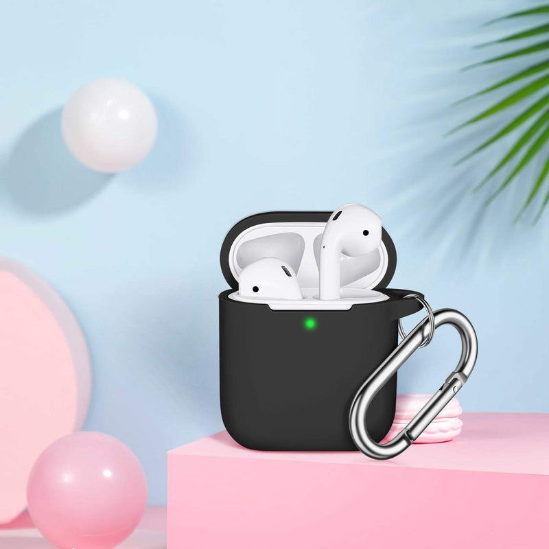 AirPods Case Cover with Keychain, Full Protective Silicone AirPods Accessories Skin Cover for Women Girl with Apple AirPods Wireless Charging Case,Front LED Visible-Black A-Black