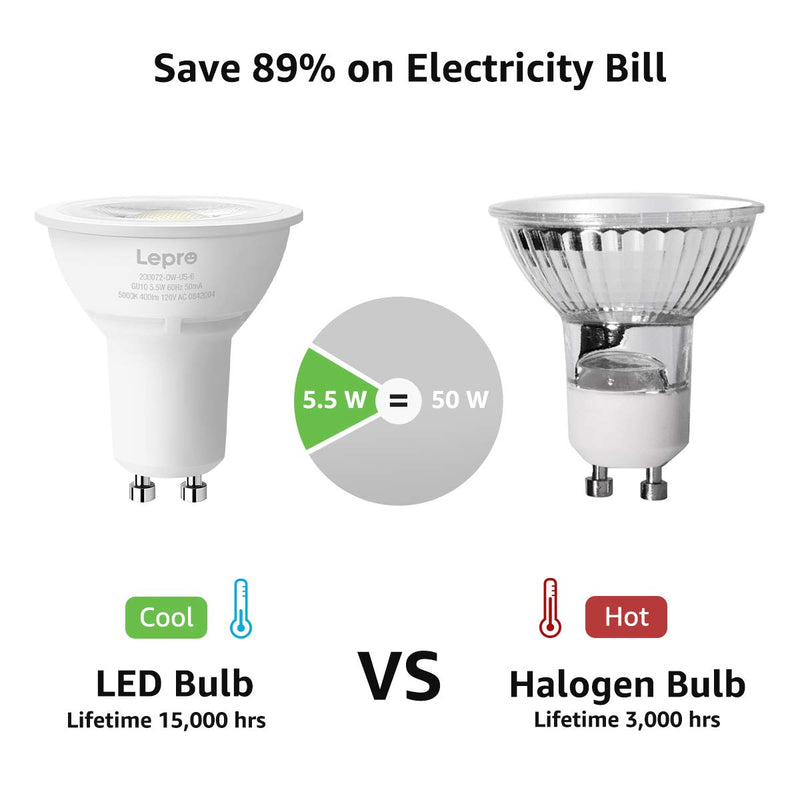 Lepro GU10 LED Light Bulbs, 50W Equivalent, Dimmable 40° Spot Light, 5000K Daylight White Natural Light, 5.5W 400lm, LED Replacement for Recessed Track Lighting, Pack of 6
