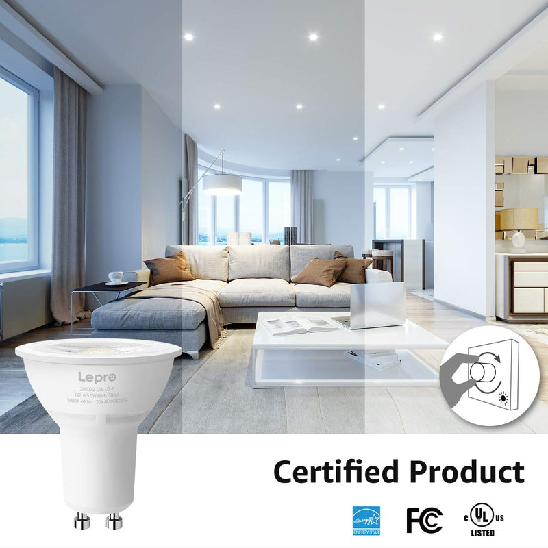Lepro GU10 LED Light Bulbs, 50W Equivalent, Dimmable 40° Spot Light, 5000K Daylight White Natural Light, 5.5W 400lm, LED Replacement for Recessed Track Lighting, Pack of 6