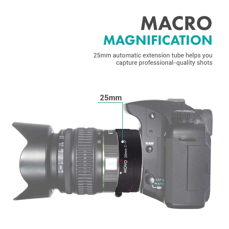 Movo MT-C25 25mm AF Chrome Macro Extension Tube for Canon EOS DSLR Camera and EF, EF-S Lenses